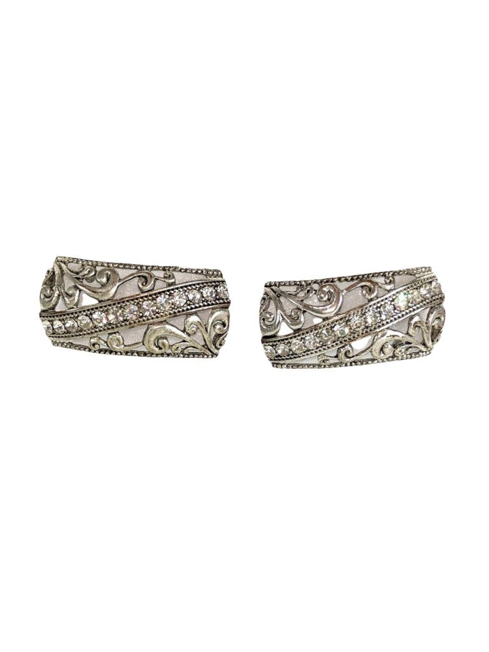 Pair of 2 Vintage Style Silver Tone Filigree Rhinestone Shoe Clips A371